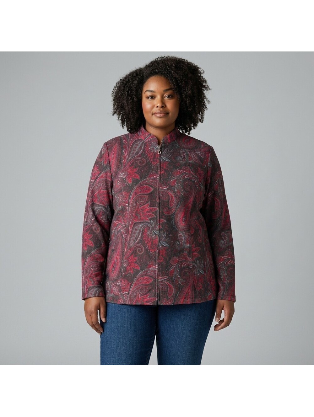 Elementz Jacket Women 2X Plus Gray Paisley Full Zip Long Sleeve Casual Stretch